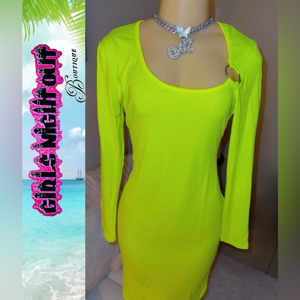 Spring SALE! Neon Yellow Bodycon Long  Sleeve  Midi Dress